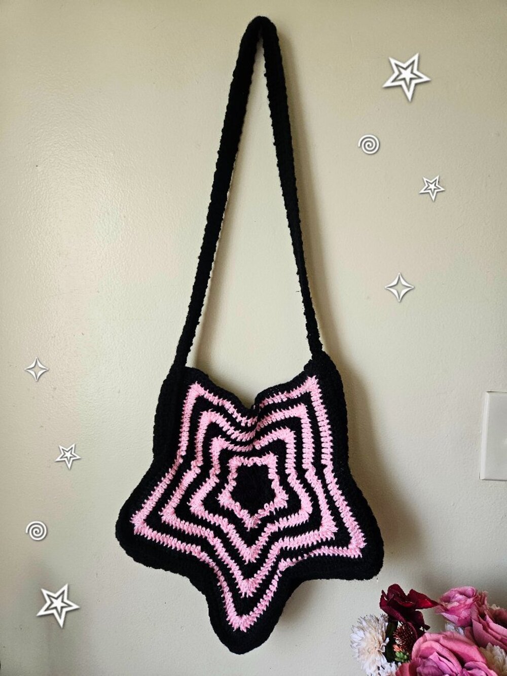 Crochet Pink and Black Star Bag